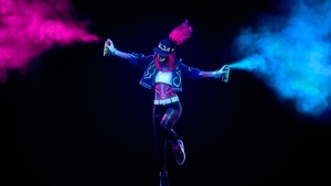 KDA, League of Legends, Neon, Smoke, Black background, Cosplay, 4K wallpaper