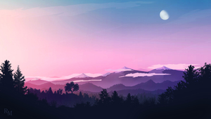 Moon, Evening sky, Mountains, Forest, Silhouette, Pink sky, 4K wallpaper
