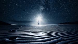 Night, Starry sky, Light, Desert, Sand Dunes, 4K wallpaper