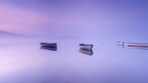 Loch Rusky, Aesthetic, Scotland, Boats, Foggy, Mirror Lake, Reflection, Purple background, Scenery, Landscape, 4K wallpaper