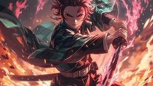 Tanjiro Kamado, Katana, Demon Slayer: Kimetsu no Yaiba, AI art, 4K wallpaper