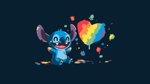 Stitch, Love heart, Illustration, Rainbow, Dark blue, Paint, 4K wallpaper