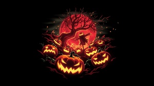 Halloween pumpkins, Haunted, Scarecrow, Black background, Jack-o-lantern, 4K wallpaper