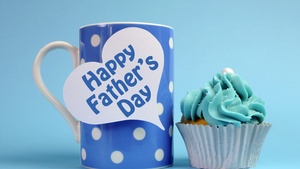Happy Fathers Day, Mug, Cupcake, Blue background, 4K wallpaper