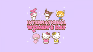 Womens Day, My Melody, Hello Kitty, Kuromi, Purple background, Sanrio, 4K wallpaper