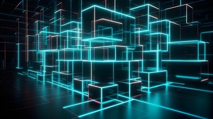 Neon, Cubes, Maze, Dark room, Glowing lights, Geometric, 4K wallpaper