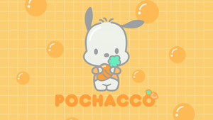 Pochacco, Cartoon, Yellow background, 4K wallpaper