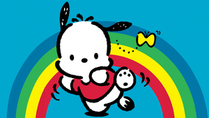 Pochacco, Rainbow, Cute cartoon, Blue background, 4K wallpaper