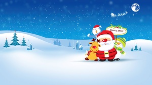 Merry Xmas, Santa Claus, Illustration, Snowman, Winter snow, Blue Sky, Reindeer Chariot, Aesthetic, Navidad, Noel, 4K wallpaper