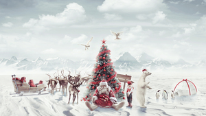 Santa Claus, Christmas tree, Penguins, Aesthetic Christmas, Winter Mountains, Reindeer Chariot, Navidad, Noel, Sleigh, December, 4K wallpaper