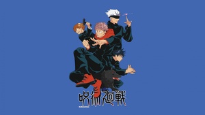 Jujutsu Kaisen, Characters, Satoru Gojo, Yuji Itadori, Megumi Fushiguro, Blue background, 4K wallpaper