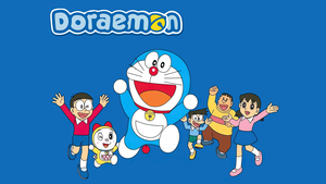 Doraemon, Characters, Nobita, Blue background, Cartoon, 4K wallpaper