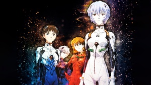 Neon Genesis Evangelion, Poster, Shinji Ikari, Kaworu Nagisa, Asuka Langley Soryu, Rei Ayanami, Black background, Character art, 4K wallpaper