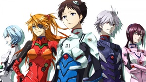 Neon Genesis Evangelion, Character art, Rei Ayanami, Asuka Shikinami Langley, Shinji Ikari, Kaworu Nagisa, 4K wallpaper