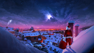 Santa Claus, Christmas Eve, Full moon, Winter, Rooftop, Aesthetic Christmas, December, 4K wallpaper