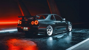 Nissan Skyline GT-R R34, JDM cars, Digital Art, Neon, 4K wallpaper