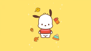 Pochacco, Sanrio, Yellow background, Cute cartoon, 4K wallpaper