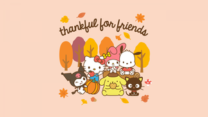 Thankful, Friends, Sanrio, Hello Kitty, Pochacco, Kuromi, Chococat, My Melody, Pompompurin, Cute cartoon, Autumn, Pastel background, 4K wallpaper
