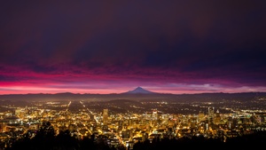 Cityscape, Sunrise, Portland, Panorama, City lights, 4K wallpaper