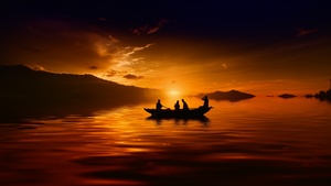 Sunset, Boat, Silhouette, Dusk, 4K wallpaper