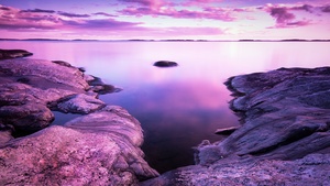 Sunset, Scenery, Rocks, Lake, Purple sky, Pink, 4K wallpaper