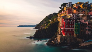Village, Sunset, Cliff, Ocean, Rocky coast, Italy, 4K wallpaper