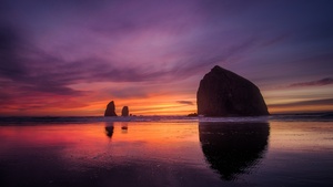 Sunset, Beach, Purple sky, 4K wallpaper