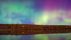 Aurora sky, Forest, River, Reflections, 4K wallpaper