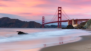 Golden Gate Bridge, Beach, Evening, Coastline, San Francisco, California, 4K wallpaper