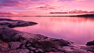 Sunset, Scenery, Lake, Rocks, Pink sky, 4K wallpaper
