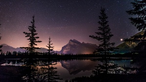 Mount Rundle, Nightscape, Banff National Park, Reflection, Starry sky, 4K wallpaper