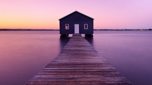 Boathouse, Sunrise, River, Morning, Seascape, Purple, Wooden pier, Deck, Winter, Aesthetic, 4K wallpaper