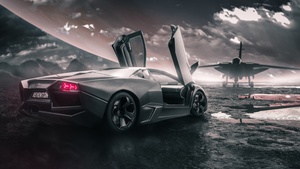 Lamborghini Reventon, Jet fighter, Sports cars, Black cars, 4K wallpaper