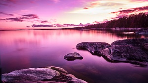 Sunset, Lake, Purple, Pink sky, Scenery, Body of Water, Rocks, 4K wallpaper
