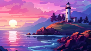 Vibrant, Landscape, Sunrise, Aesthetic, Colorful, Pink sky, Lighthouse, Sunset, Illustration, 4K wallpaper