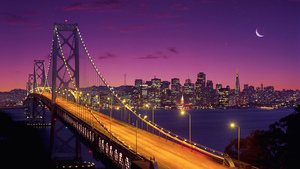 San Francisco-Oakland Bay Bridge, Twilight, Sunset, Night time, Long exposure, Crescent Moon, Purple sky, 4K wallpaper