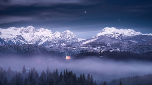 Church, Mountains, Mountain, Trees, Tree, Snow, Mist, Clouds, Nature, Star, 4K wallpaper