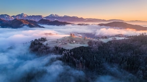 Church, Mountains, Mountain, Trees, Tree, Snow, Mist, Clouds, Nature, Sky, 4K wallpaper