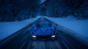 Pagani Huayra Roadster, Snow covered, Road, Winter Road, Winter forest, Cold night, 4K wallpaper