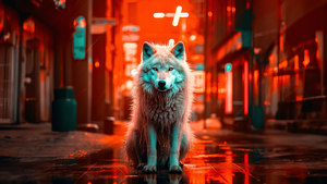 White wolf, AI art, Red background, 4K wallpaper
