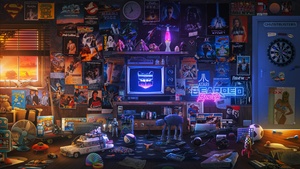 Nostalgic, Room, Retro style, Neon, Gaming console, 4K wallpaper