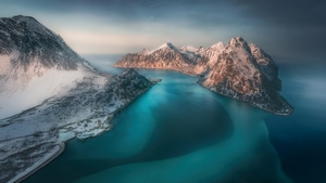 Lofoten, Nature, Air, Sea, Norway, Mountains, Snow, 4K wallpaper