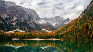 Trees, Tree, Mountains, Reflection, Italy, Lake, Sky, Snow, Nature, 4K wallpaper