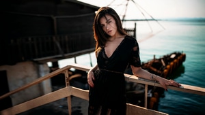 Girls, Pier, Model, Black Dress, 4K wallpaper