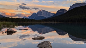 Banff, Canada, Rocks, Mountains, Lake, River, Tree, Trees, Sky, Nature, 4K wallpaper