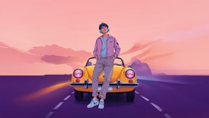 Sunset, Car, Artist, Artwork, Art, Digital Art, Retrowave, Retro, 4K wallpaper