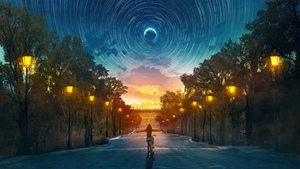 Moon, Star Trails, Dreamy, Surrealism, Dreamlike, Night sky, Cosmic phenomena, Glowing, Street lights, Bicycle, Freedom, Exploration, Sunset, Dusk, Dream girl, 4K wallpaper