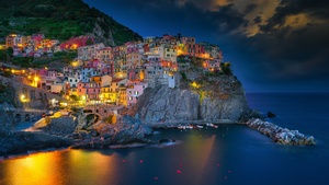 Manarola, Blue hour, Italy, Cinque Terre, Night lights, Long exposure, Seascape, 4K wallpaper