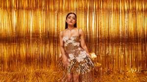 Rashmika Mandanna, Golden background, 2024, Indian actress, 4K wallpaper