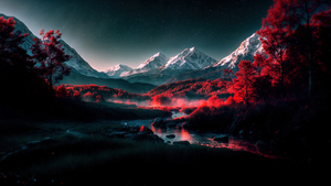 Dramatic, Scenery, Landscape, Scenery, Mountains, Forest, River, Night, Starry sky, Trees, Fog, Red aesthetic, 4K wallpaper